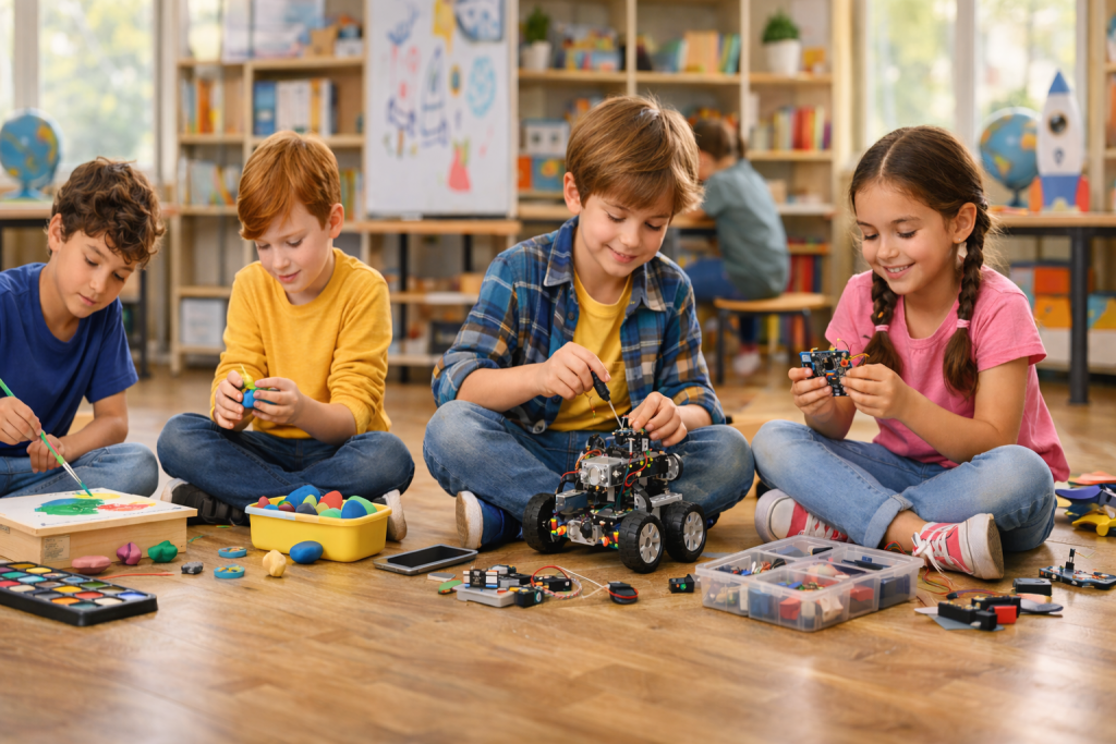 niños creativos en aula luminosa